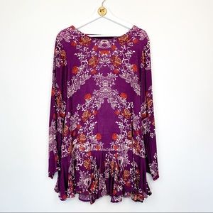 Free People Deep V Back L/S Floral Ruffle Dress